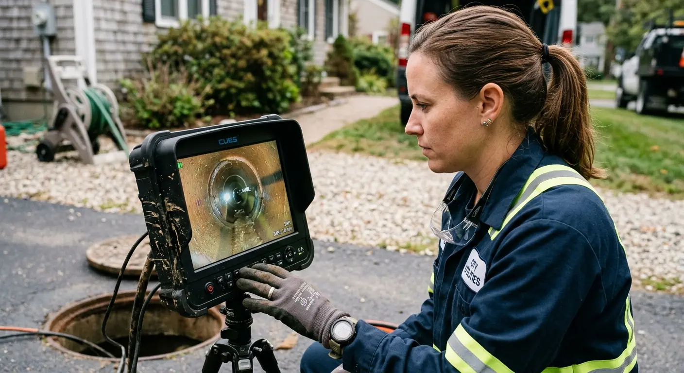 Technician reviewing sewer camera inspection footage in Collinsville