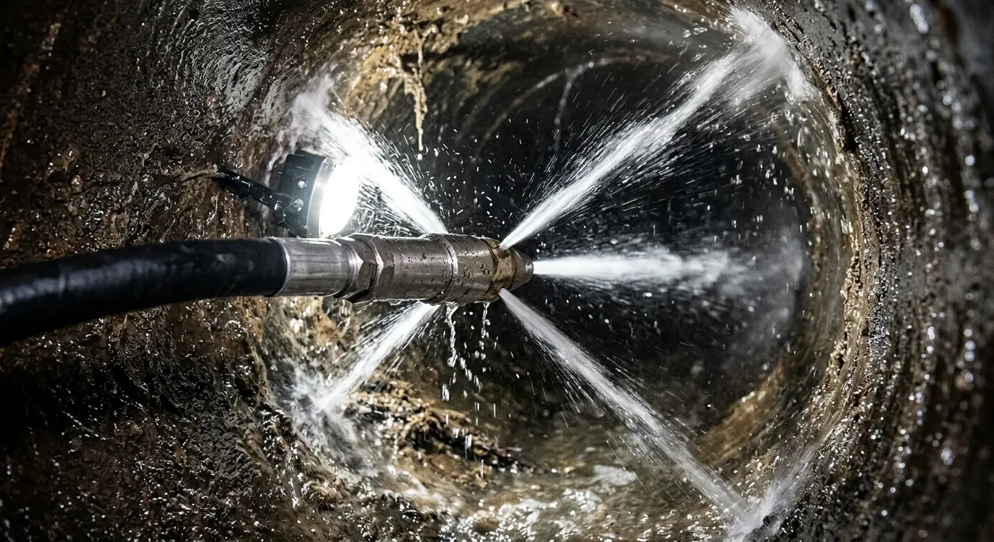 High-pressure hydro jetting nozzle cleaning sewer pipe for Trenchless Sewer Repair in Collinsville