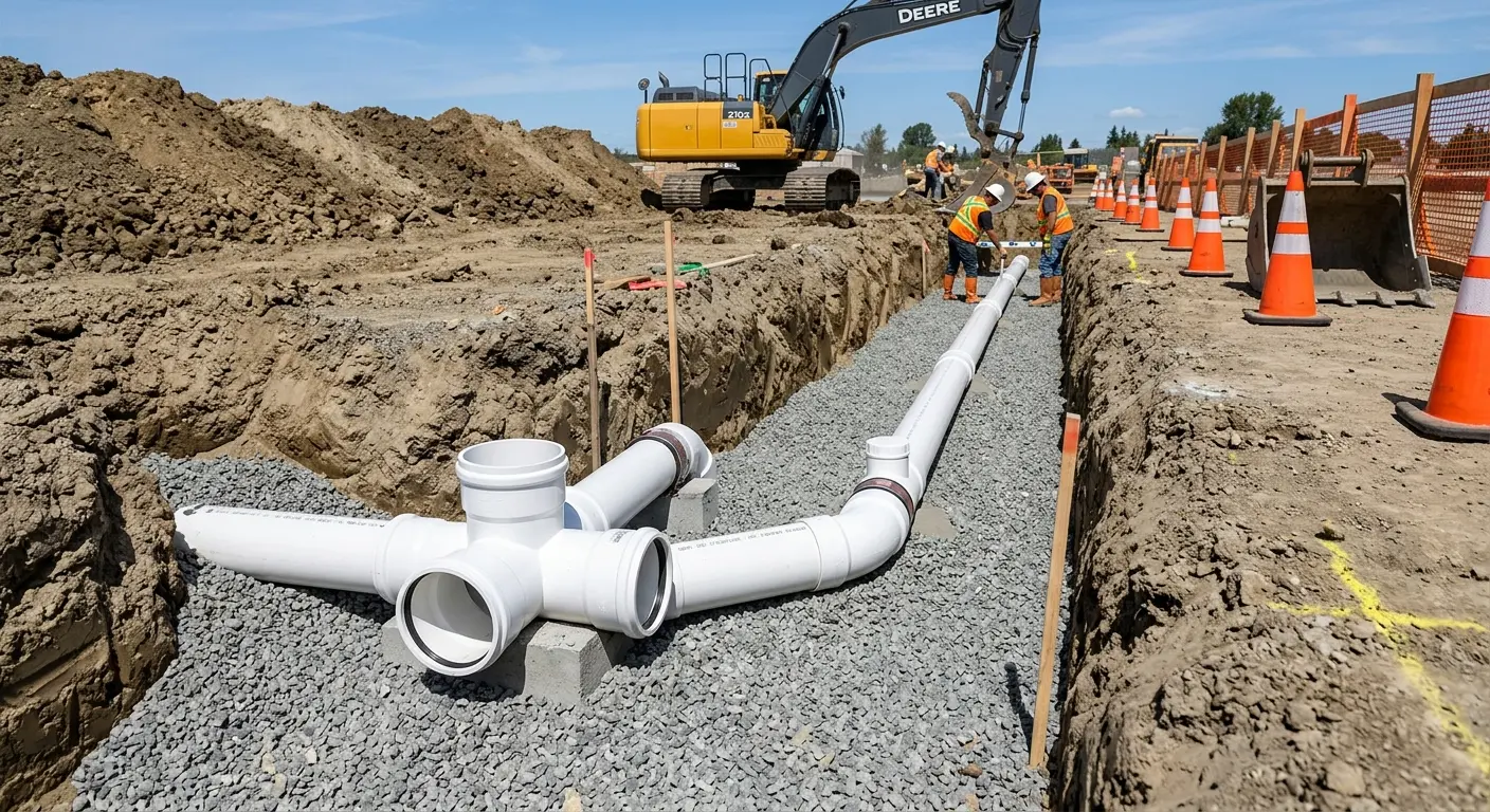 New PVC sewer pipe installation in open trench for Grease Trap Cleaning in Collinsville