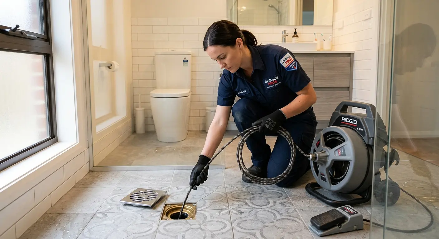 Technician clearing a bathroom floor drain for Hydro Jetting in Collinsville
